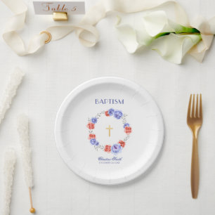 Blauw Rode Bloemige Waterverf Doop Christening Papieren Bordje