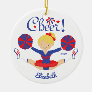 Blauw Rode Cheer Blonde Cheerleader Persoonlijk Keramisch Ornament