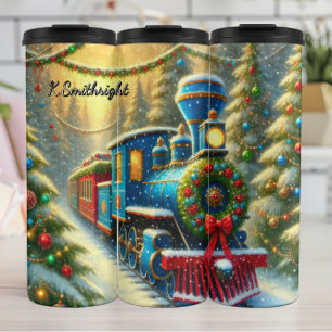 Blauw Rode Festieve Treinversiering Bos Thermosbeker