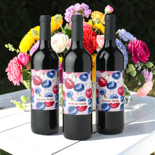 Blauw Rode Fruit Bes Kers Waterverf Patroon Wijn Etiket