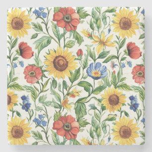 Blauw Rode Gele Zonnebloemen Italiaans Bloemmotief Stenen Onderzetter