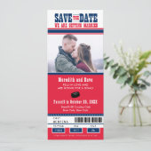 Blauw Rode Hockey Ticket Huwelijk Bewaar de Datum Save The Date (Staand voorkant)