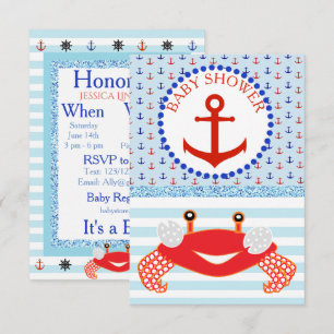 Blauw & Rode Jongens Krab Beachy Baby Shower Uitno Kaart