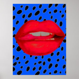 blauw rode lippen luipaard kunst rockabilly poster