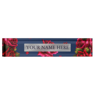 Blauw & Rode Rozen Bloemen Persoonlijke Naamplaat Naambordje