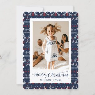 Blauw Rode Witte Gebreide Foto Kerstkaart