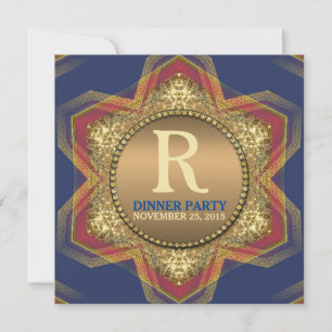 Blauw Rode Zeshoek Ster Gouden Eettafel Uitnodigin Kaart