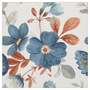 Blauw Roest Bruinoranje Aquarel Bloemen Wit Stof
