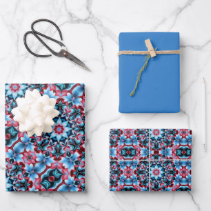Blauw, rood, bordeauxrood & donkergrijs patroon inpakpapier vel