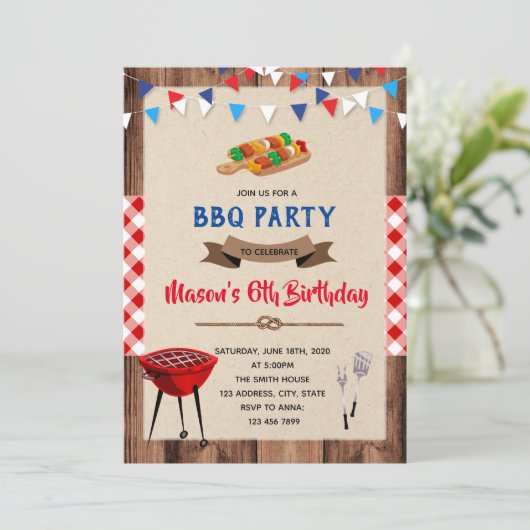 Blauw rood broodje in de oven feestuitnodiging kaart (Staand voorkant)