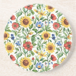 Blauw Rood Geel Zonnebloemen Italiaanse Bloemen Zandsteen Onderzetter