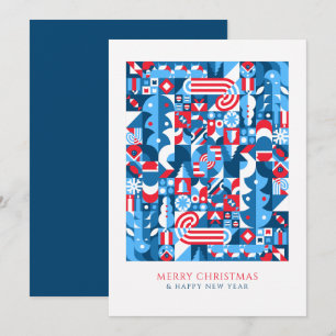 Blauw rood geometrische kerst feestdagenkaart