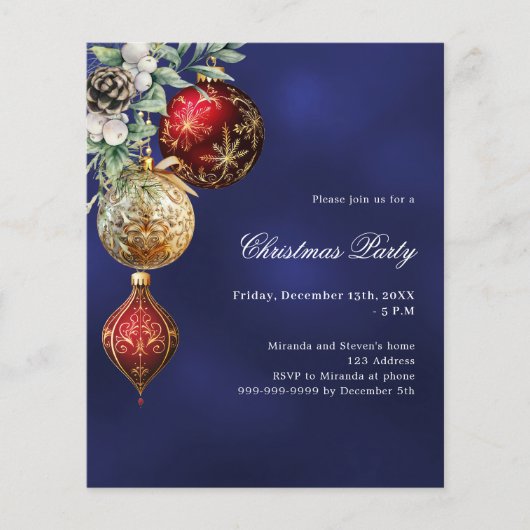 Blauw rood goud kerstballen Uitnodiging kerstfeest (Voorkant)