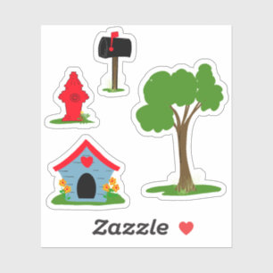 Blauw Rood hondenhok Zwart mailbox Groene boom Sticker