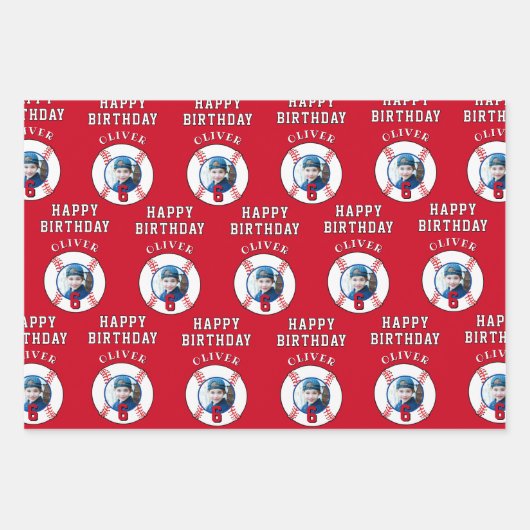 Blauw Rood Honkbal Kinderen Verjaardagsfoto Inpakpapier Vel (Voorkant 2)