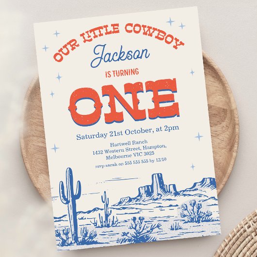 Blauw Rood Kleine Cowboy 1e Verjaardag Kaart