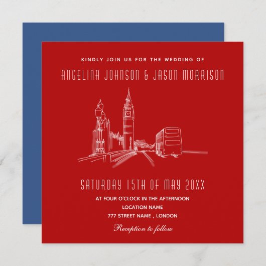 Blauw Rood Londen Uitnodiging (Voorkant / Achterkant)