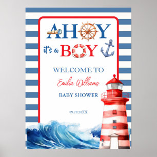 Blauw Rood Maritiem Ahoy Jongen Vuurtoren Baby Sho Poster