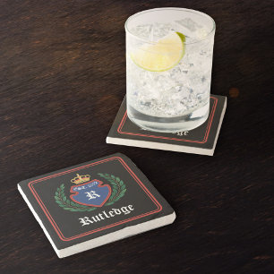 Blauw Rood Monogrammed Crest Crown Laurel Krans Stenen Onderzetter