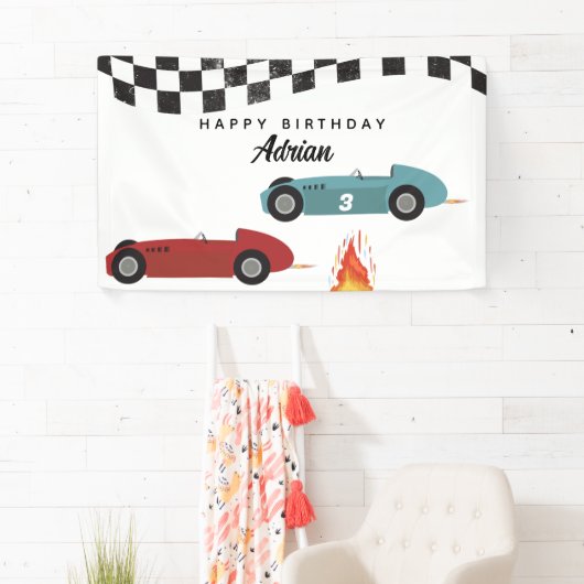 Blauw Rood Race Snelle Retro Racing Auto's Verjaar Spandoek (Insitu)