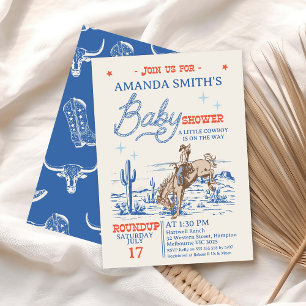  Blauw Rood Rodeo Cowboy Baby shower Kaart
