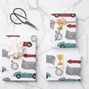 Blauw & Rood Snelle Retro  Racing Auto's Inpakpapier Vel