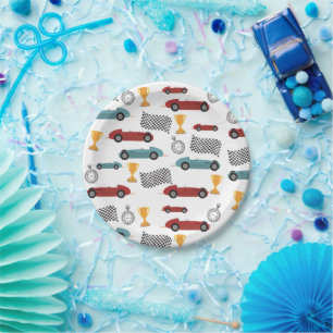 Blauw & Rood Snelle Retro Racing Auto's Papieren Bordje