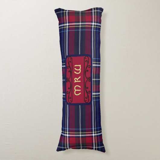 Blauw Rood Tartan Monogram in Keltische Leeuw lett Lichaamskussen (Voorkant Verticaal)