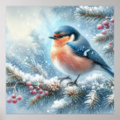 Blauw rood vogel- en winterlandschap 8 poster (Voorkant)