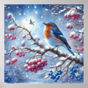Blauw rood vogel- en winterlandschap 9 poster