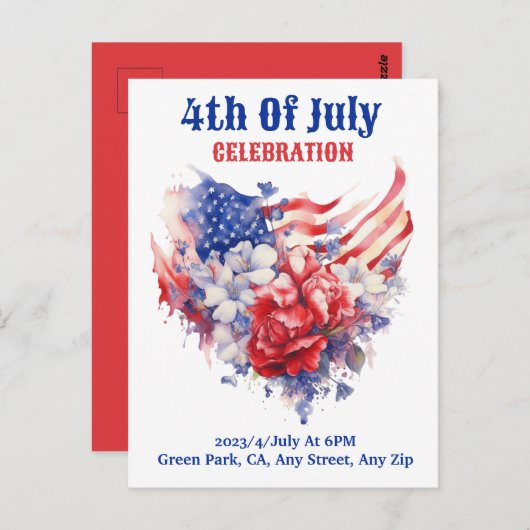 Blauw Rood Wit 4 juli aquarel Briefkaart (Voorkant / Achterkant)