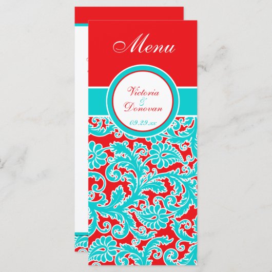 Blauw Rood Wit Bloemen Damast Menu Kaart (Voorkant / Achterkant)