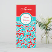 Blauw Rood Wit Bloemen Damast Menu Kaart (Staand voorkant)