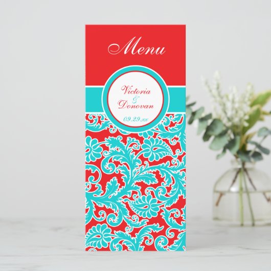 Blauw Rood Wit Bloemen Damast Menu Kaart (Staand voorkant)