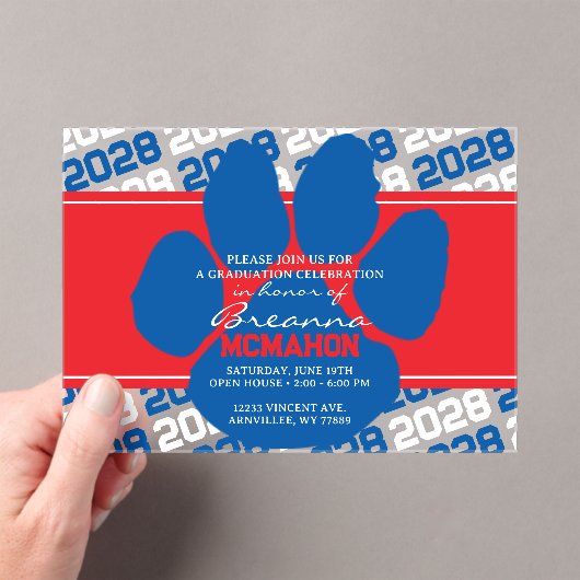 Blauw, Rood & Wit Pawprint Afstuderen Frosted Acryl Uitnodigingen (Insitu (Draagbaar))