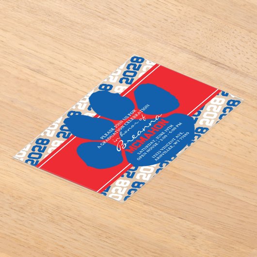 Blauw, Rood & Wit Pawprint Afstuderen Frosted Acryl Uitnodigingen (Laagn)