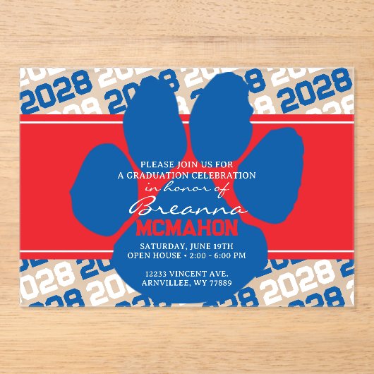 Blauw, Rood & Wit Pawprint Afstuderen Frosted Acryl Uitnodigingen (Voorkant)