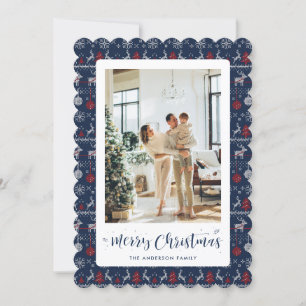 Blauw Rood Wit Winterpatroon Foto Kerst Kaart