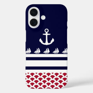 Blauw   Rood   Witte Nautische strips en anker iPhone 16 Hoesje