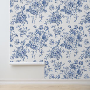 blauw Roos bloemmotief Behang