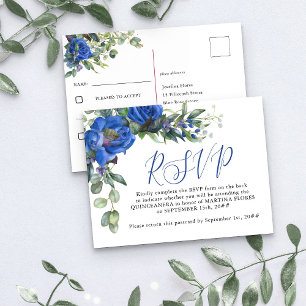 Blauw Roos Elegant Quinceanera Vooraf gericht RSVP Briefkaart