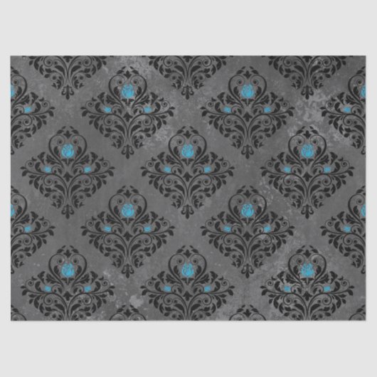 Blauw Roos en zwart Damask-decoupage Tissuepapier (Voorkant)
