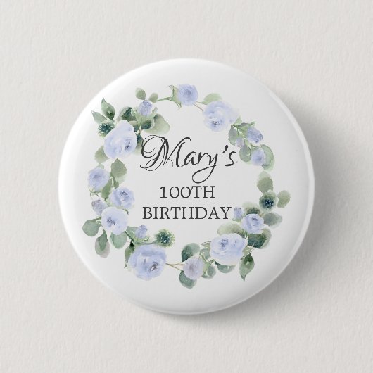 Blauw Roos Eucalyptus Botanische 100th Birthday Ronde Button 5,7 Cm (Voorkant)