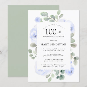 Blauw Roos Floral Eucalyptus 100th Birthday Party Kaart