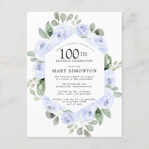 Blauw Roos Floral Eucalyptus 100th Birthday Uitnodiging Briefkaart