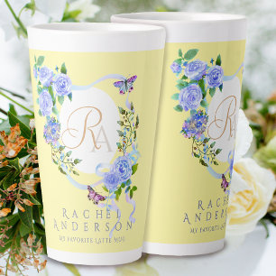 Blauw Roos Lint Chic Monogram Geel Latte Mok