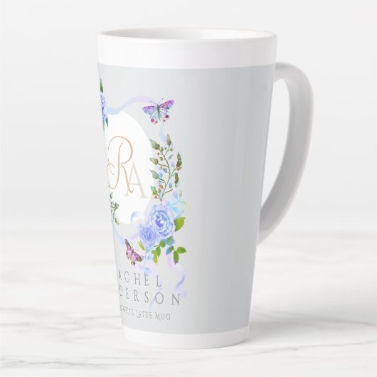 Blauw Roos Lint Chic Monogram Grijs Latte Mok (Rechterhoek)
