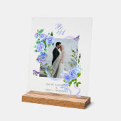 Blauw Roos Lint Monogram Fotobruiloft Acryl Bord (Hoek)