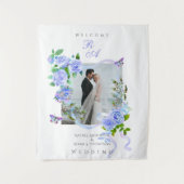 Blauw Roos Lint Monogram Fotobruiloft Wandkleed (Voorkant)