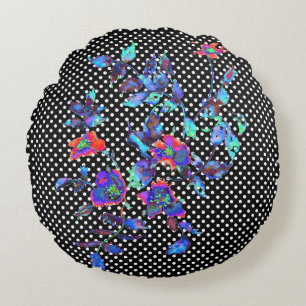  blauw Roos zwart/wit polka-stippen Rond Kussen